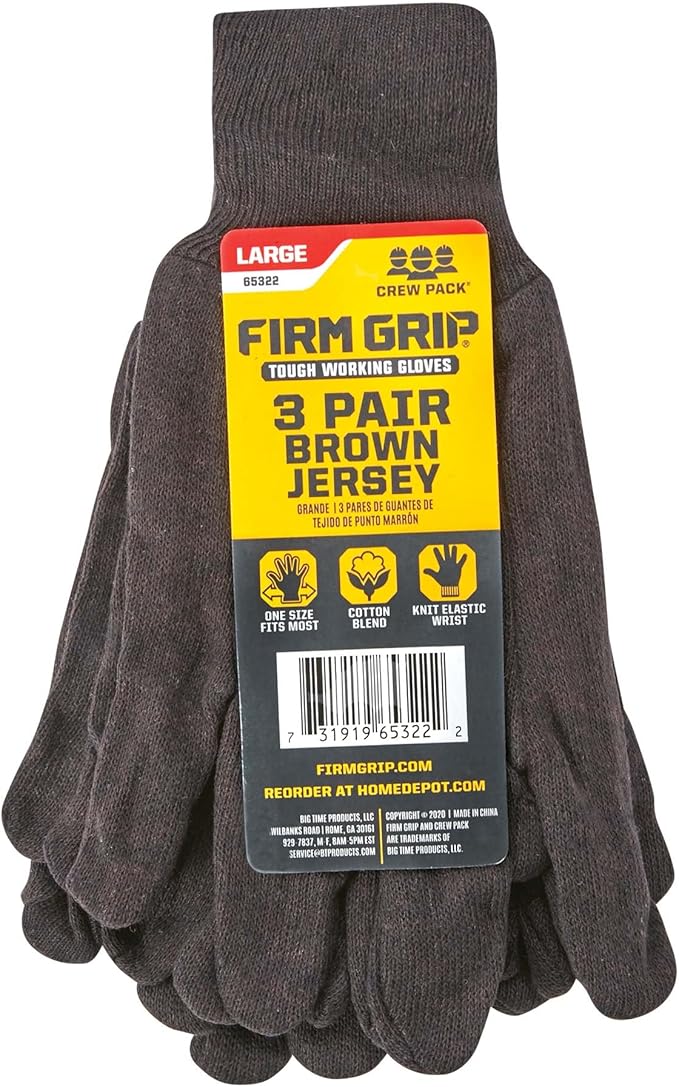Gloves, Jersey - FIRM GRIP Brown Jersey Work Gloves - 3 Pack (size Large)